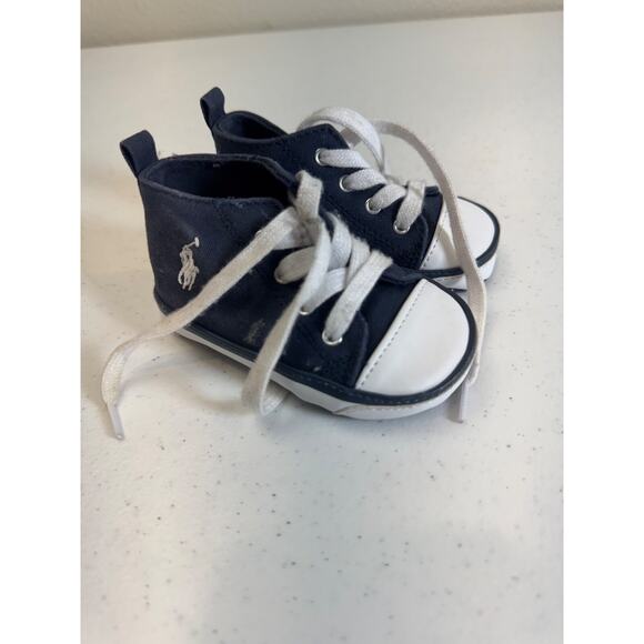 POLO RALPH LAUREN Baby High Top Sneakers‎ Navy Blue & White Canvas3 Infant Shoes - Picture 1 of 7